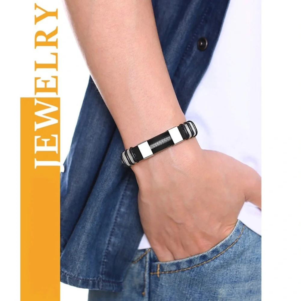Water resistant Groove Wrap Men Metal Poly Stainless Steel Duo Bracelet
